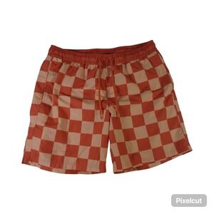 Mad Engine Swim Shorts Mens Medium Orange Check Mesh Lined Beach Drawstring